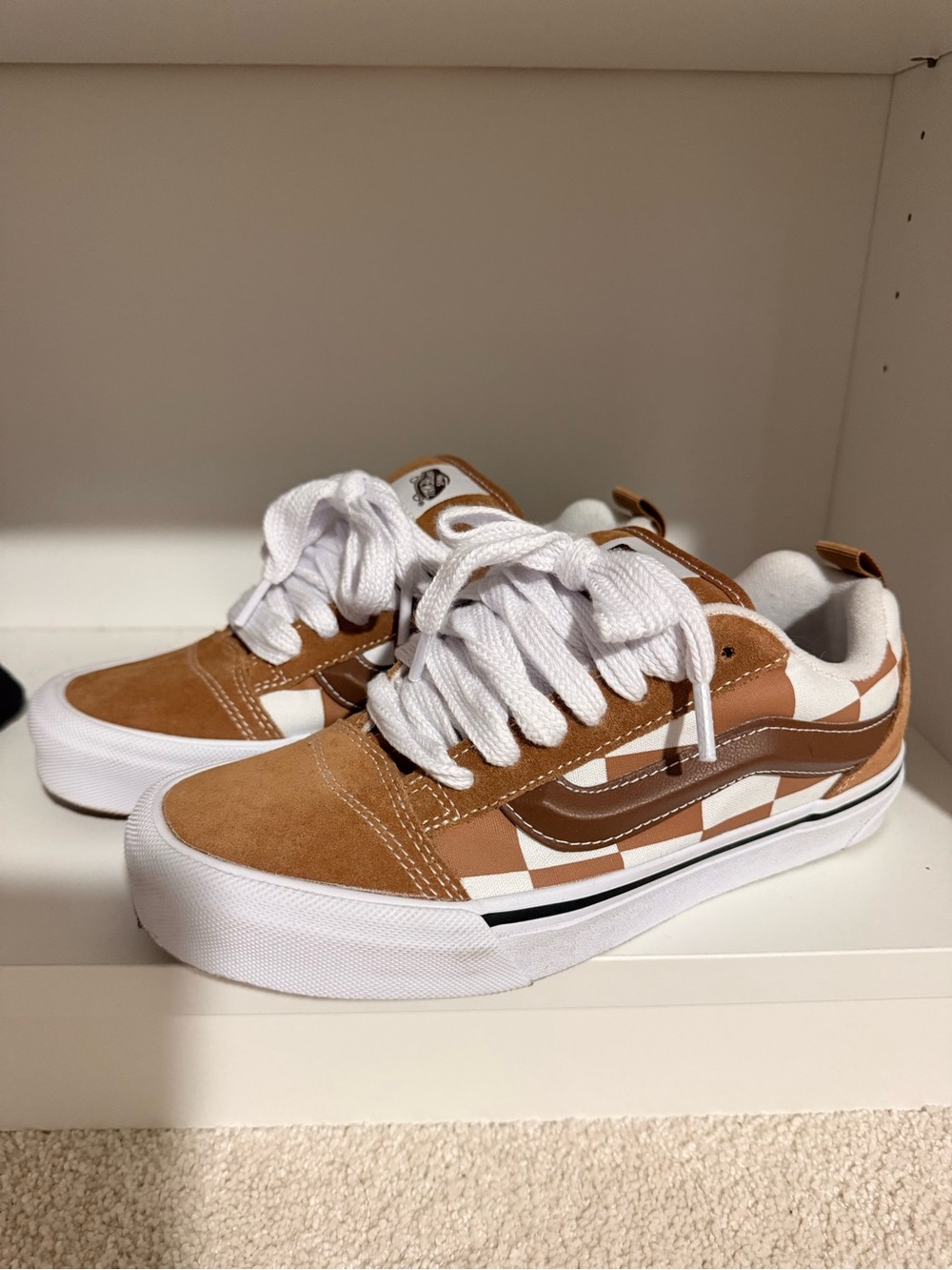 Vans  Low-Top Checkerboard Sneakers in Tan and White